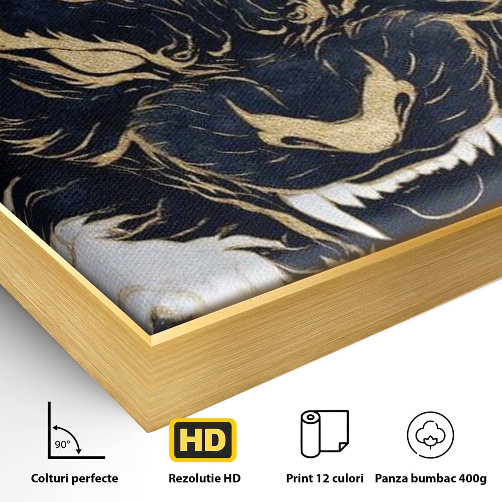 Detaliu al suprafetei: tablou canvas cu cap de tigru furios, in rama de aluminiu auriu